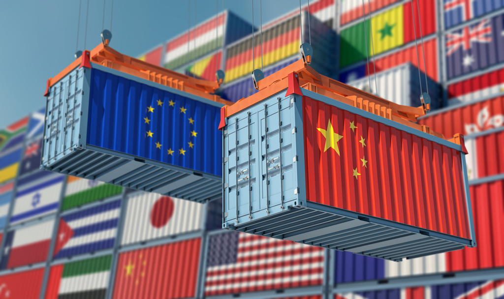 Europe and China Flag displayed on seperate shipping containers 